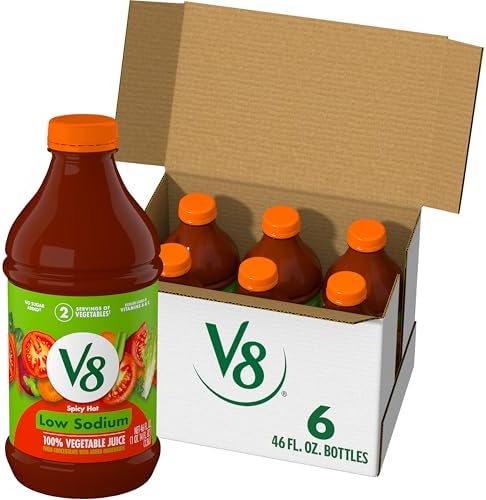 V8 Low Sodium Spicy Hot 100% Vegetable Juice, 46 fl oz Bottle (6 Pack)