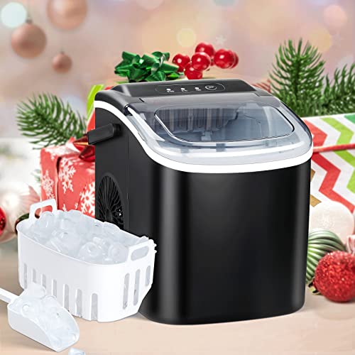 Simple Deluxe Ice Maker Machine for Countertop, 26lbs Ice/24Hrs, 9 Ice Cubes Ready in 6 Mins, Portable Self-Clean Ice Machine with Scoop and Basket, 13.7lbs, for Home Kitchen Office Bar Party, Black