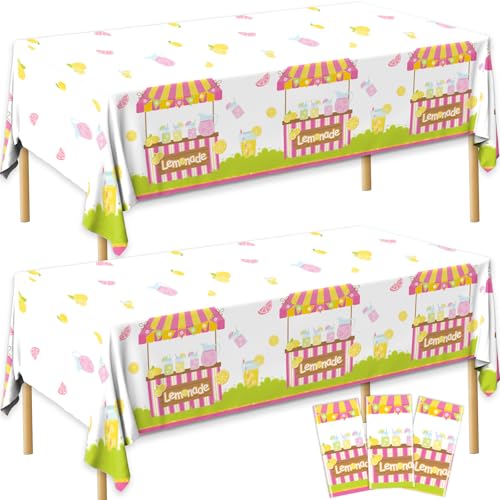 Image of CMUSKO Lemonade Table Cloth, 3Pcs Lemonade Stand Decorations Lemon Tablecloth Rectangle Plastic Table Cover for Summer Fruit Lemon Themed Birthday Party Baby Shower Supplies, 108 x 180 cm