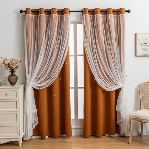 Image of indistar Star Cutout Kids Window Blackout Curtains for Girl Bedroom Window Room Darkening Curtains & Drapes Baby Nursery Curtains (2 Panel,52Wx95L inch,Orange)