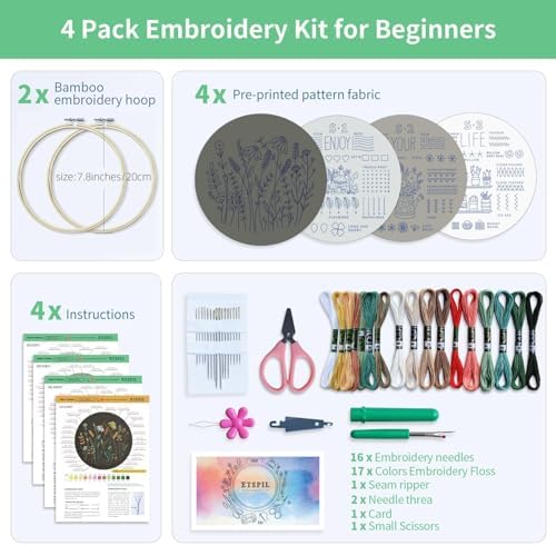 ETSPIL Beginner Embroidery Kit 3 & 4 Pack 42 & 33 Stitches, Stamped Floral Patterns, Embroidery Hoop, Colorful Floss, Tools, Easy Instructions & Video Tutorials, and Storage Bag image 5