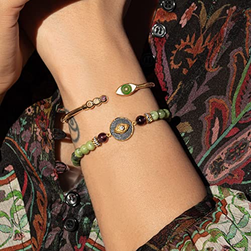 Karma And Luck - Defensive Trio - Women's Genuine Jade Stone 18K Gold Plated Brass Evil Eye Beaded Bracelet. 6.5" Stretch.protection Bracelet, Ready To Gift For Her. #TOP2