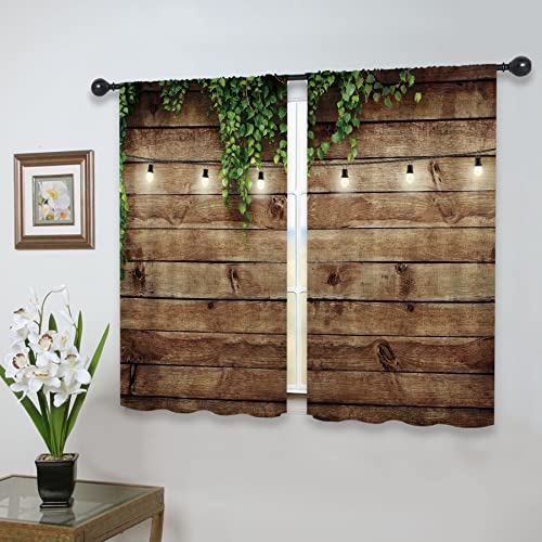 Riyidecor Wooden Rustic Kitchen Curtains For Dining Room Decoration Rod Pocket Wood Barn Door Window Curtains Farmhouse Art Printed Bedroom Window Drapes Treatment Fabric (2 Panels 27.5 X 39 Inch) #TOP3