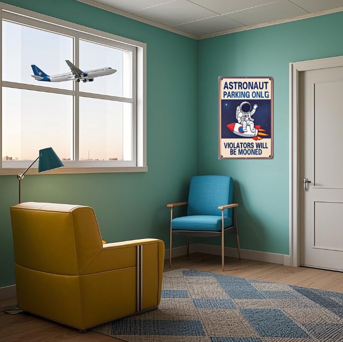 "Astronaut Parking Only" Sign – Metal Outer Space-Themed Plaque, Creative Gift for Space Enthusiasts, Suitable for Bedroom, Office, Game Room, Boys' Room, Classroom, Nursery, Party Decor, and Wall Decoration – 8x12 Inches