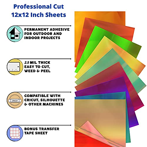 Kassa Holographic Vinyl Bundle - Permanent Adhesive Tape Holographic Vinyl Sheets 10 Colors & Clear Transfer Tape Roll, 12 In X 12 Ft #TOP1
