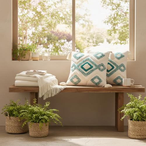 Image of RRC Boho Throw Pillows 16x16 Inch Set of 2 - Soft Mid Century Modern Decorative Pillow Covers, Aesthetic Cushion Cases for Couch, Sofa, Bed & Bedroom Decor (SkyBlue, 16X16(Inches))