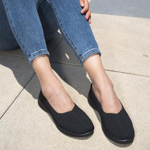 konhill Women's Loafers Slip on Knit Dressy Shoes Casual Low-Top Flats Comfortable Lightweight Walking Shoes 3UK All Black - Image 2