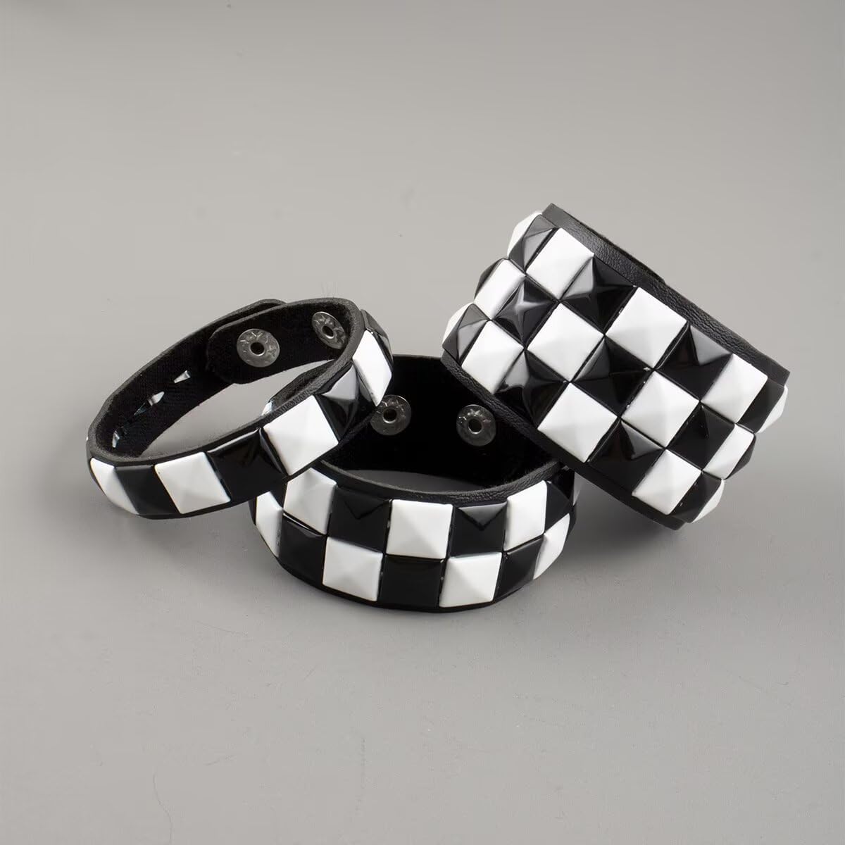 Zian Black White Checkered Leather Bracelet for Men Women 3 Pieces Punk Studded Cuff Bangle Adjustable Wristband Gothic Halloween Party Accessories