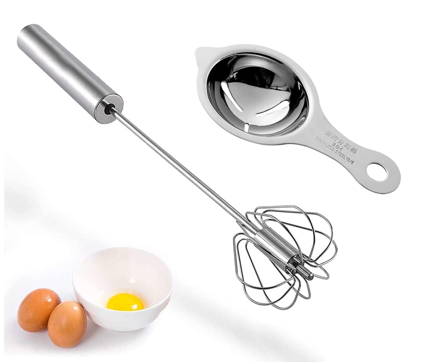 Stainless Steel Whisk and Egg Yolk White Separator is Kitchen Gadget Cooking/Baker Tool Egg Extractor (9 Inch Egg Beater and 5.1 Inch Egg White Separator)