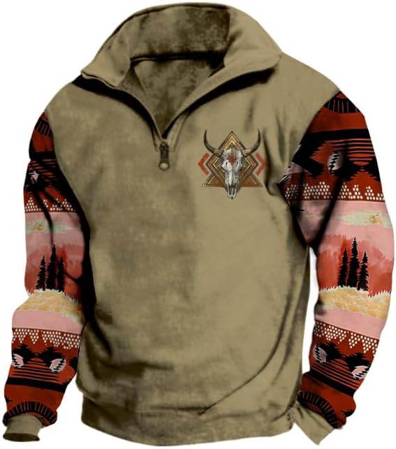 ZOCANIA Western Sweatshirts Mens Aztec Henley Shirts Long Sleeve 1/4 Zip Fleece Jacket Cowboy Western Aztec Casual Pullover