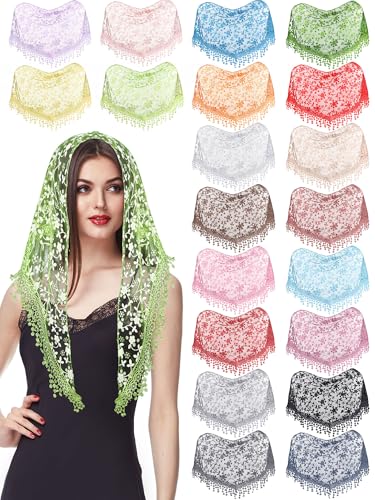 Zhanmai 20 Pcs Veils for Church Catholic Mass Veils for Women Catholic Lace Triangle Lace Mantilla Floral Tulle Scarf Covering (Multicolor)