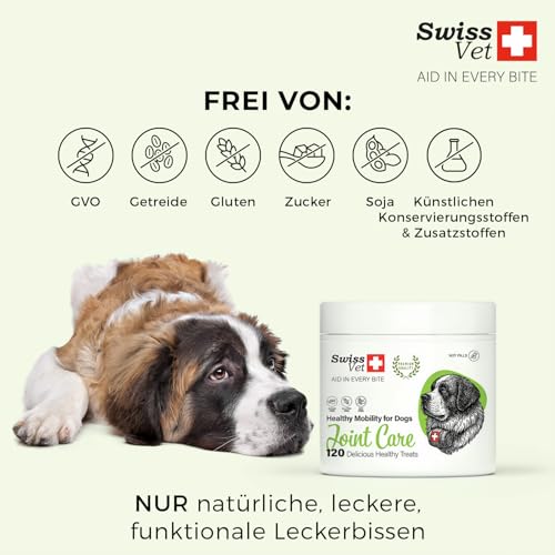 SwissVet Gelenktabletten für Hunde - 120 Kautabletten mit Grünlippmuschel, MSM, Glucosamin, Chondroitin & Collagen - Hochdosierte Gelenkunterstützung für Mobilität & Knorpel - Getreidefrei