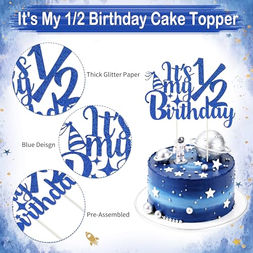Image of 1 /2 Birthday Blue Half Birthday Decorations - Blue Star It's My 1 /2 Birth Banner, Glitter Cake Topper Tassel Wood Bead High Chair Banner & Crown, Hat Halfway to One Boy Girl Party Supplies