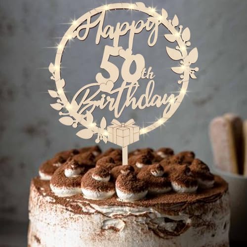 ENLACE Decorazione per torta in legno per 50° compleanno per donna e uomo – Happy 50th Birthday Cake Topper con catena luminosa a LED – Decorazione per torta
