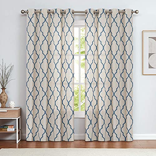 Jinchan Linen Curtains Living Room Drapes Moroccan Tile Pattern Window Treatment For Bedroom Curtain Light Filtering Curtains Flax Textured Lattice Grommet 96 Inch Length 2 Panels Set Blue On Beige #TOP1