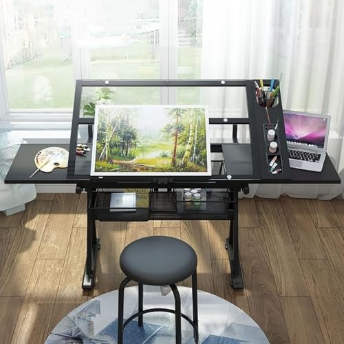 OTQEFTN Drafting Tables Adjustable Drafting Table, Tempered Glass Drafting Table Art Desk, Adjustable Height Tilting Artwork Drawing Drafting Table Desk with 2 Storage Drawer