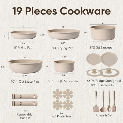 CAROTE 19pcs Pots and Pans Set Non Stick, Detachable Handle Cookware Sets | Ultra Nonstick, Space Saving, Dishwasher & Oven Safe, Non-Toxic Kitchen/Apartment/Camping/RV/ Traveling, Taupe - Image 3