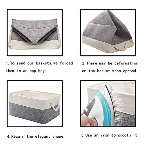Fabric Storage Basket Set Of 3, Foldable Linen Storage Box For Nursery And Home, Collapsible Canvas Shelf Basket For Wardrobe Or Bedroom, Grey And White #TOP6