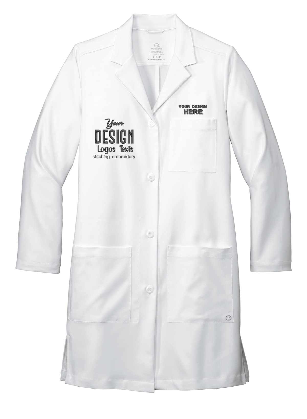 INK STITCH Custom Women WW4172 Custom Embroidered Logo Texts Long Lab Coat - XL White