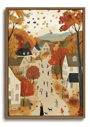 Image of KISSFOX Framed Wall Art Vintage Wall Decor Fall Landscape Pictures Cottage Scenery Canvas Art Farmhouse Countryside Paintings Artwork For Bedroom Kitchen Living Room