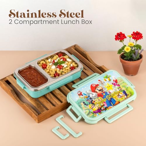 Image of 2 Compartment Stainless Steel Lunch Box with Theme Design | Insulated BPA Free Leakproof Tiffin Box with Locking Lid & Steam Valve for Kids & Adults (Design As Per Availability)