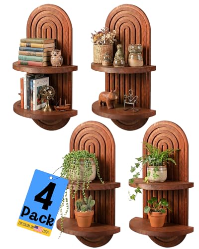 4Pack Mid Century Modern Wall Shelf Set, Handmade Boho Brown