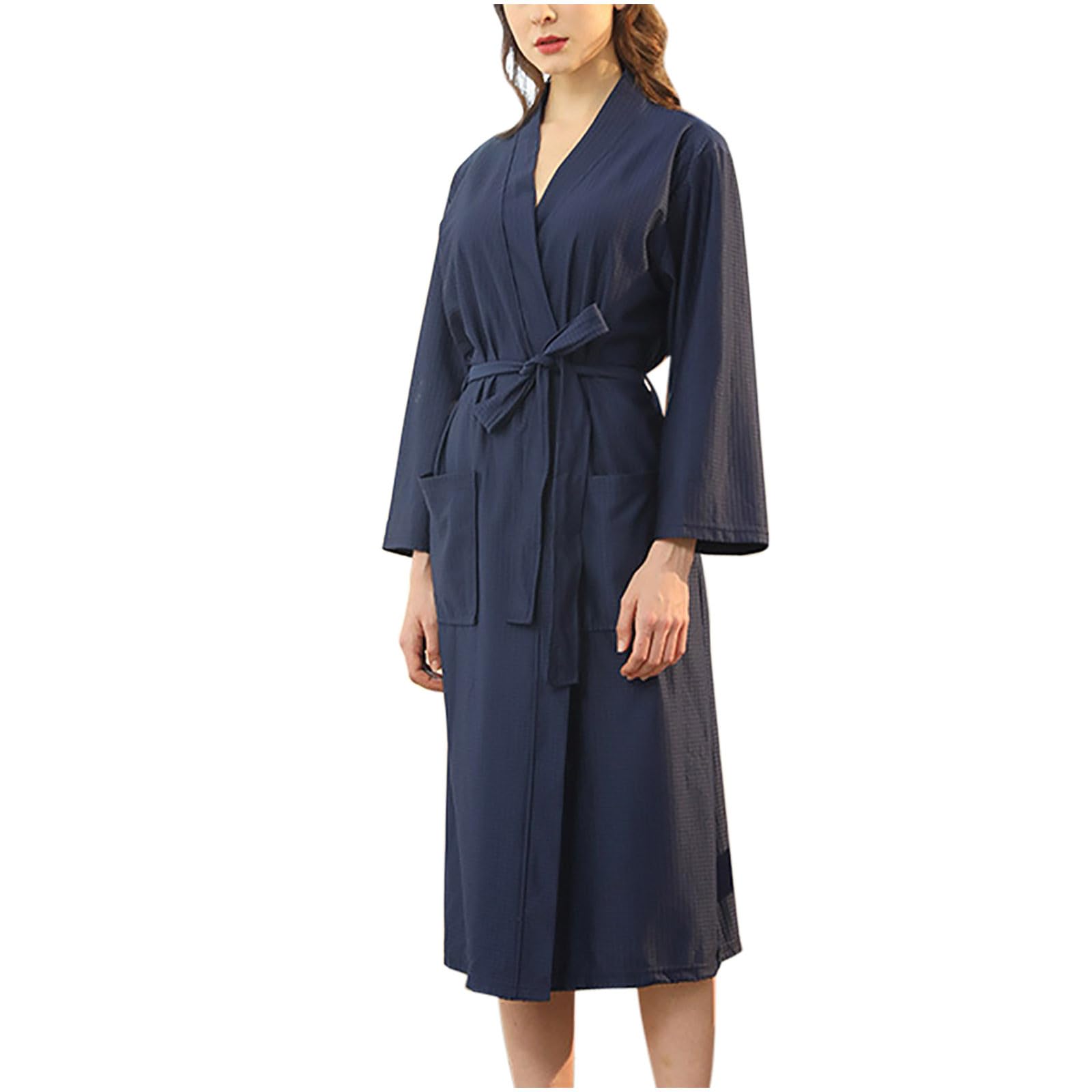 Womens Robes Long Sleeve Waffle Bathrobes Soft Hotel Robe Lightweight Pajamas Set Knee Length Sleepwear