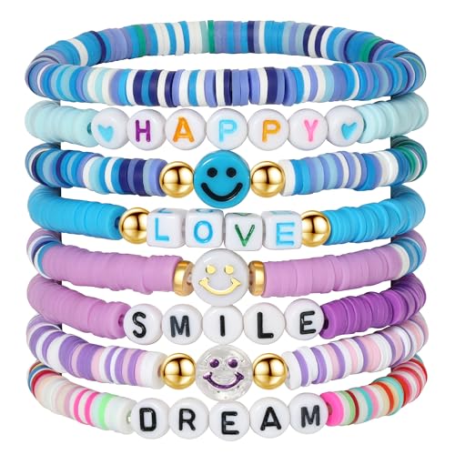 Image of Preppy Bracelets Set Colorful White Gold Smile Heart Star Polymer Beaded Pearl Clay Stackable Charm Y2K Kidcore Aesthetic Summer Beach Bohemian Stretch Layering Bracelets Jewelry for Girls Women Teens