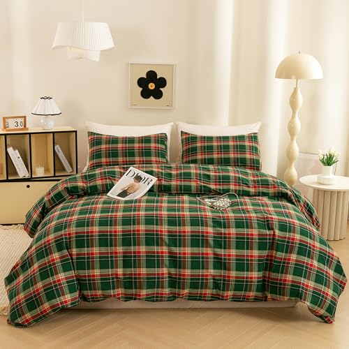 Image of ECOCOTT Buffalo Plaid Duvet Cover King Size- 3 Piece Green Checkered Bedding Set, 100% Washed Cotton, Soft Breathable Reversible Design with Zipper Closure & Corner Ties