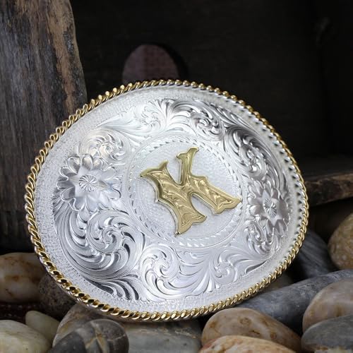 Image of Montana Silversmiths Initial Engraved Gold Trim Western Belt Buckle