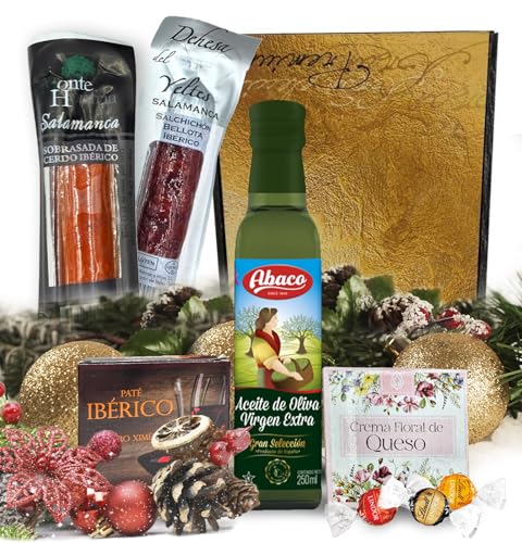 Cesta Navidad Gourmet S para Regalar | Perfecta para Regalos de Empresa | Aceite de Oliva Virgen Extra, Salchichón y Sobrasada Ibérica, Pate al PX y Crema Queso Floral