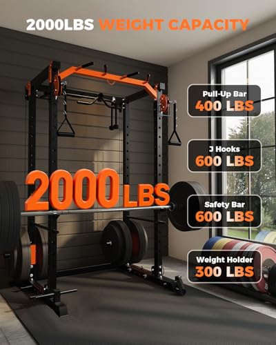 Image of Power Cage, Power Rack with Cable Crossover System, 2000LBS Squat Rack with LAT Pull Down System, Workout Cage with Pulley System for Fitness Home Gym Strength Training (Red&Black)