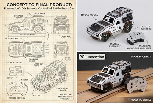 Image of Funvention DIY Battle Beast Remote Controlled Car Kit | Build & Race Wooden RC Car Model | Glue-Less Assembly | Dual Motors, 2.4GHz Remote, Rechargeable Battery | STEM Learning Toy for Kids 8+