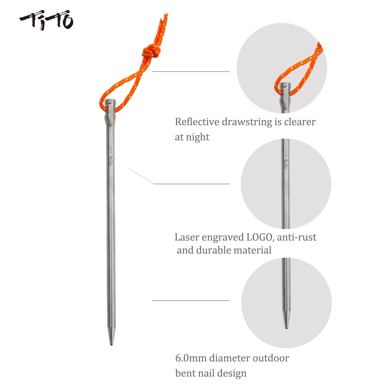 TiTo Titanium Zeltheringe Heringe Sandheringe,Ultralight Heavy Duty Titan Legierung Zelt Stakes Pegs mit Bändchen und Aufbewahrungsbeutel für Garten Nägel Camping Angeln Wanderunge(Titan 6*165-6pcs)