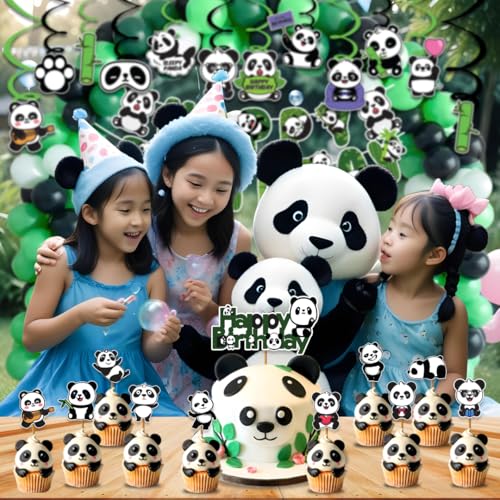 Image of Festiko Panda Theme Birthday Decoration Supplies Combo for Kids - 61 Pcs Cute Panda Party Decor Set with Banner, Swirl Hangings, Cake & Cupcake Toppers, Balloons for Home Birthday Celebration