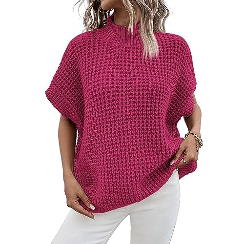 Pink Queen Women's Mock Neck Batwing Short Sleeve Loose Oversized Knit Pullover Sweater Jumper Tops Rose Red Large