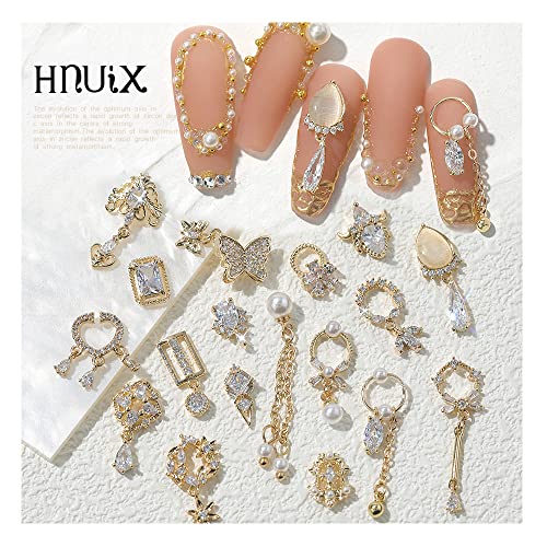 24Pcs Nail Art Charms Chain Mix Shapes Zircon Dangle Rhinestones Nail Jewelry 3D Dangle Nail Charms Crystal Metal Nail Gems Nail Flowers Jewelry Studs For Nail Diy (Classic Style, Gold) #TOP23
