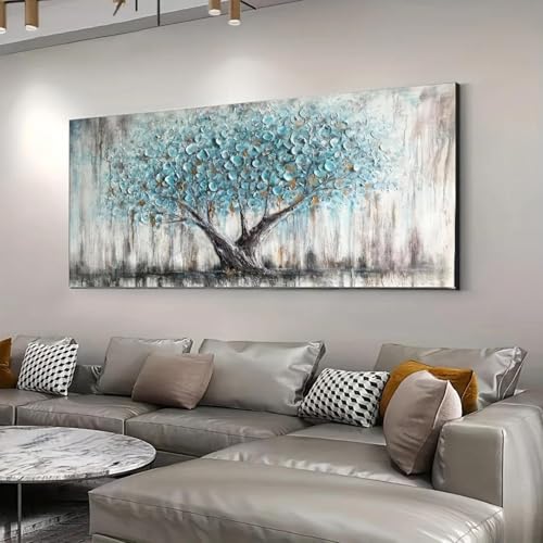 Toile arbre de vie abstrait cyan 80x160cm grand format panoramique déco salon sans cadre