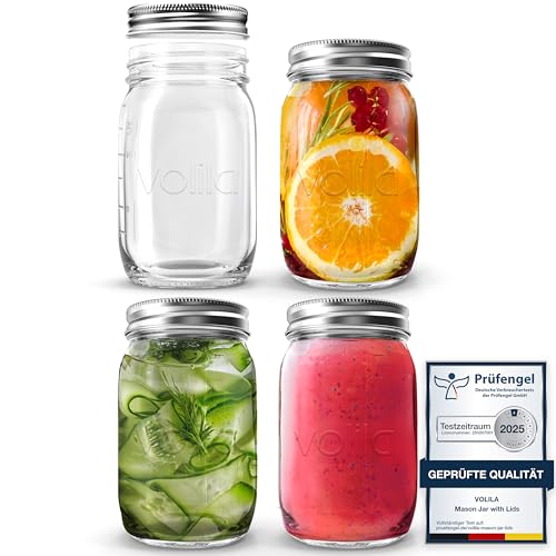 volila Mason Jar mit Deckeln - 490 ml Mehrzweck-Einmachgläser für Overnight Oats, Einlegen, Einmachen, Konservieren und Mahlzeitenvorbereitung - Luftdichte Einweckgläser (4er Pack - Normaler Deckel)