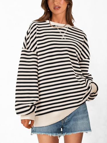 Image of PRETTYGARDEN Womens Striped Oversized Sweatshirt Color Block Crew Neck Long Sleeve Casual Loose Pullover Top Y2K Clothes