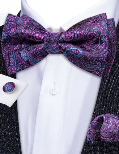 Image of YOHOWA Paisley Striped Men Bow Tie Pre-Tied Formal Adjustable Colorful Bowties Handkerchief Cufflinks Set Wedding Party