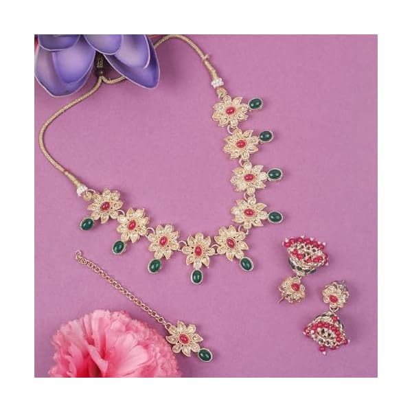 IIJ Flower-Shaped Kundan Choker Necklace | Red-Green Ruby Layer Jhumki Earrings Design | Maang Tikka for Wedding Events Jewellery Set Accessories for Women and Girls - Image 7