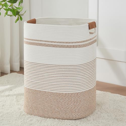 Image of AINUOQI Laundry Basket with Handles - Blanket Basket & Hampers for Bedroom Aesthetic, Laundry Hamper & Blanket Storage for Living Room, Clothes Hamper, Tall, Large 17" x 14" x 22”, Brown & White