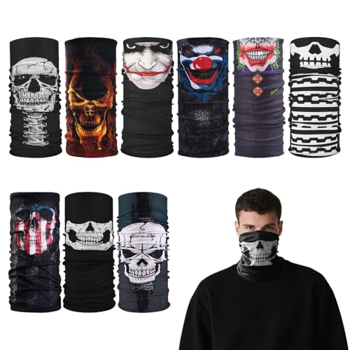 Fsahiuf 9 Stück Multifunktionstuch, Schlauchschal Halloween Totenkopf, Sturmmaske für Outdoor Wandern, Radreisen, Halloween, Karneval