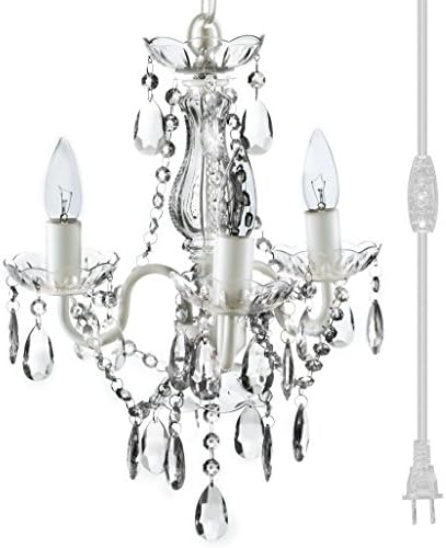 gypsy color The Original Plug-in 3 Light Crystal White Hanging Swag Chandelier H17”xW12”, White Metal Frame with Clear Glass Stem and Clear Acrylic Crystals & Beads That Sparkle Just Like Glass