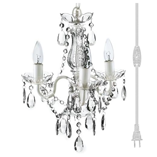 gypsy color The Original Plug-in 3 Light Crystal White Hanging Swag Chandelier H17”xW12”, White Metal Frame with Clear Glass Stem and Clear Acrylic Crystals & Beads That Sparkle Just Like Glass