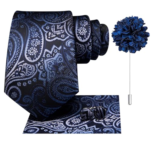Image of Hi-Tie Men Silk Ties Set with Flower Lapel Pin Necktie Pocket Square Cufflinks for Tuxedo Wedding Business