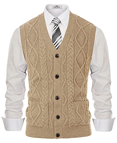 Image of PJ PAUL JONES Mens Cable Knit V Neck Sweater Vest Button Up | Sleeveless, Cardigan Sweater Vests with Pockets, Button Down, Knitted, Patterned, Regular Fit, Vintage, Retro, Dress, Casual