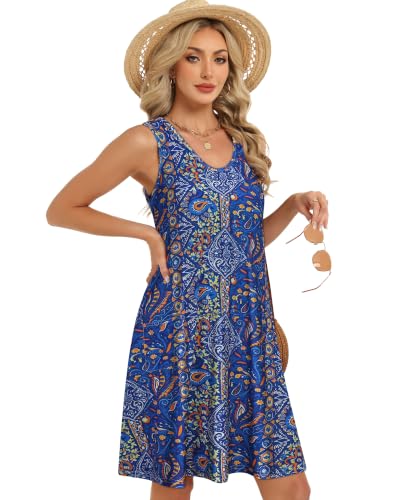 Image of Womens Summer Dresses Casual V Neck Sleeveless Pockets Beach Loose Sundress