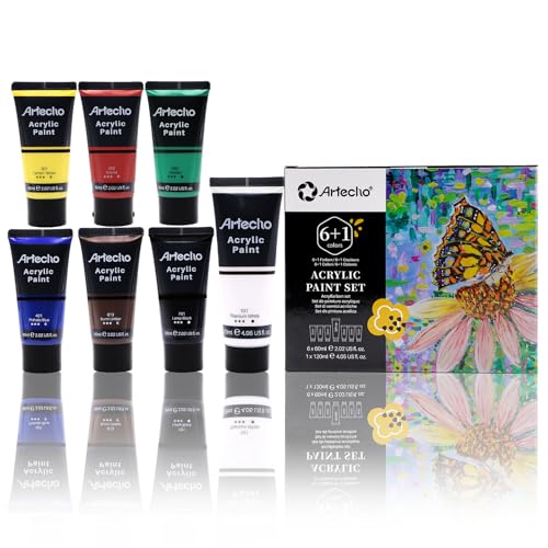 Image of Artecho Acrylic Paint Set, 7 Primary Colors - 6x2.02oz /60ml & 1x4.05oz /120ml Titanium White Tubes, Art Craft Paints for Canvas, Rock, Wood, Fabric, Art Supplies